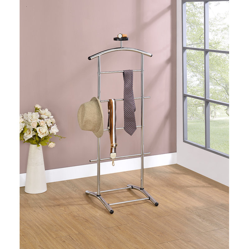 Metal Suit Valet Stand with Tie Bar, Tray & Trouser Bar – Freestanding Clothes Rack & Jacket Hanger – Clothing Organizer