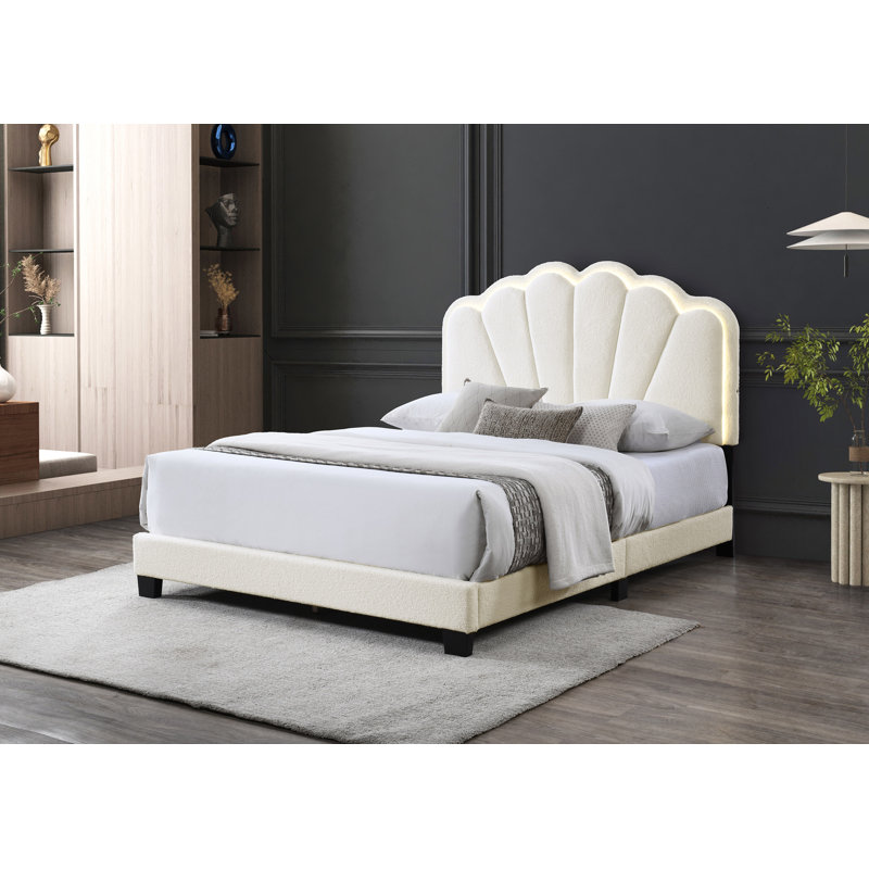 Fabric LED Light HB Platform Bed W/ LED Light & Chunky Leg (Fully Slated), California King, Beige