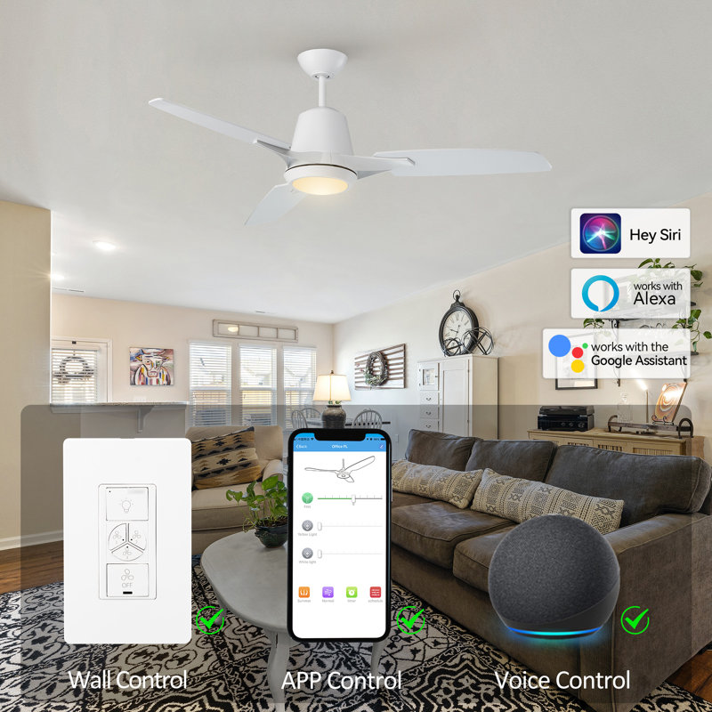 Ventilateur de plafond intelligent à 3 pales DEL avec commande murale et ensemble d'éclairage inclus, Blanc