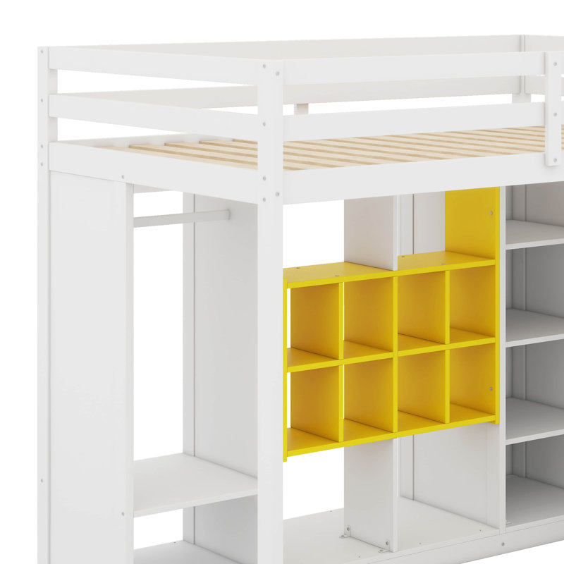 Lit mezzanine en bois avec garde-robe, tablettes et armoire, Lit simple, Blanc / jaune