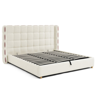 Très grand lit tapissier à oreilles gaufré très grand en chenille amovible, lit plateforme avec vérin à gaz de luxe et grand rangement sous le lit
