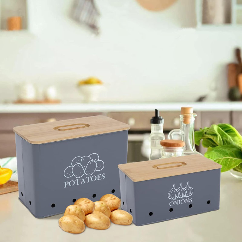 Potato Onion Storage Box, Food Container Sets, Storage Canisters For Vegeatables, Set Of 2 Jars Pots Containers, Potato, Onion Bin With Aerating Tin Storage Holes, Bamboo Lid-Gray