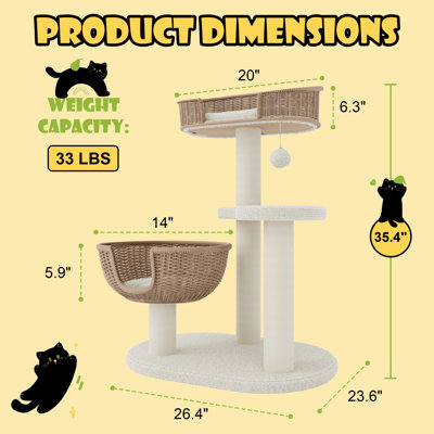 35.4" Arched Rattan Cat Tree With Scalloped Sherpa Perch & Hand-Woven Condo