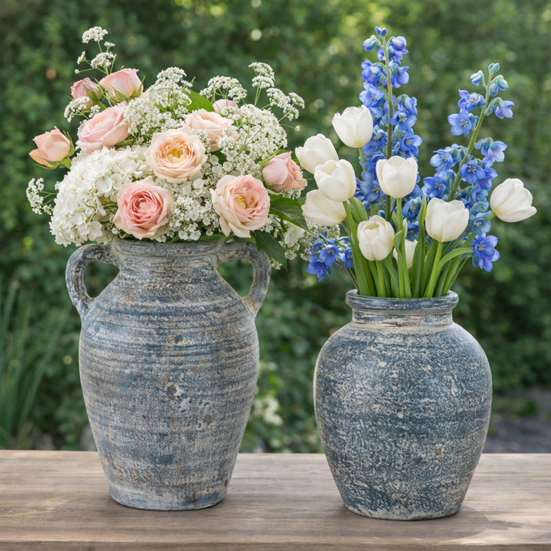 Kenith Stylish 2-Piece Terracotta Vase Set – Weathered Finish, Amphora & Rounded Table Vases for Dining Room Decor  - Blue