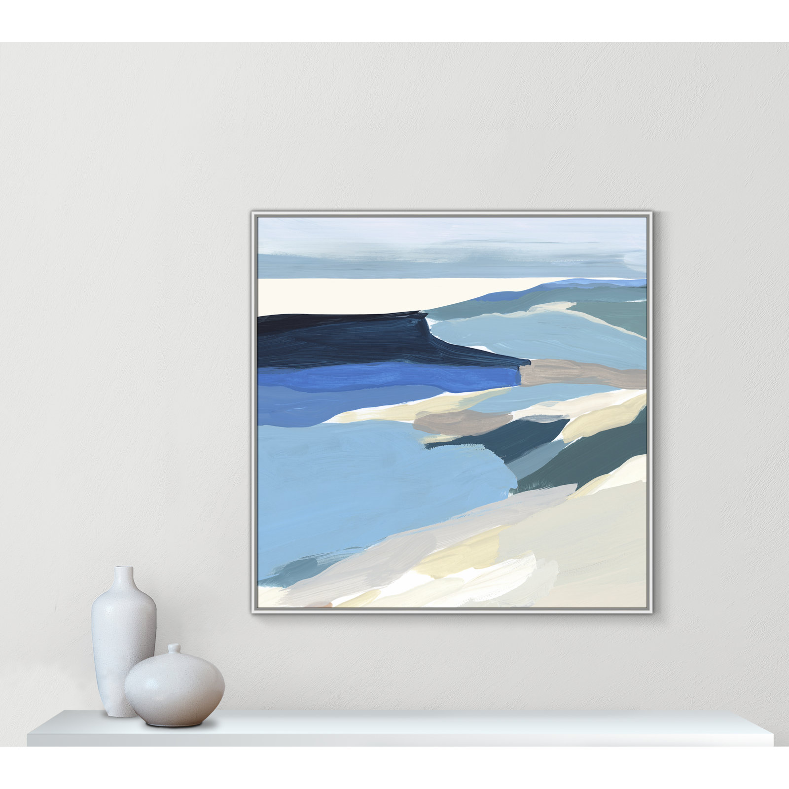 Decker "Graham Lake II" Painting, 46.5" H x 46.5" W x 2" D, White Framed Canvas