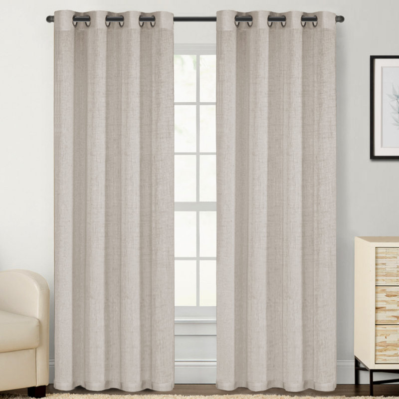 Lyla Linen Solid Color Bedroom Privacy Window Drapes Energy Saving Light Filtering Sheer Woven Linen Elegant Grommet 2 Curtain Panels , Angora