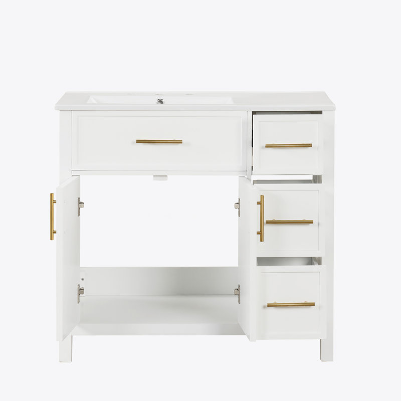 Meuble-lavabo 36 po avec comptoir d'évier, meuble-lavabo avec deux portes et trois tiroirs, bois massif, panneaux de fibres à densité moyenne, un paquet, blanc (ancien numéro de référence: WF319757AAK)