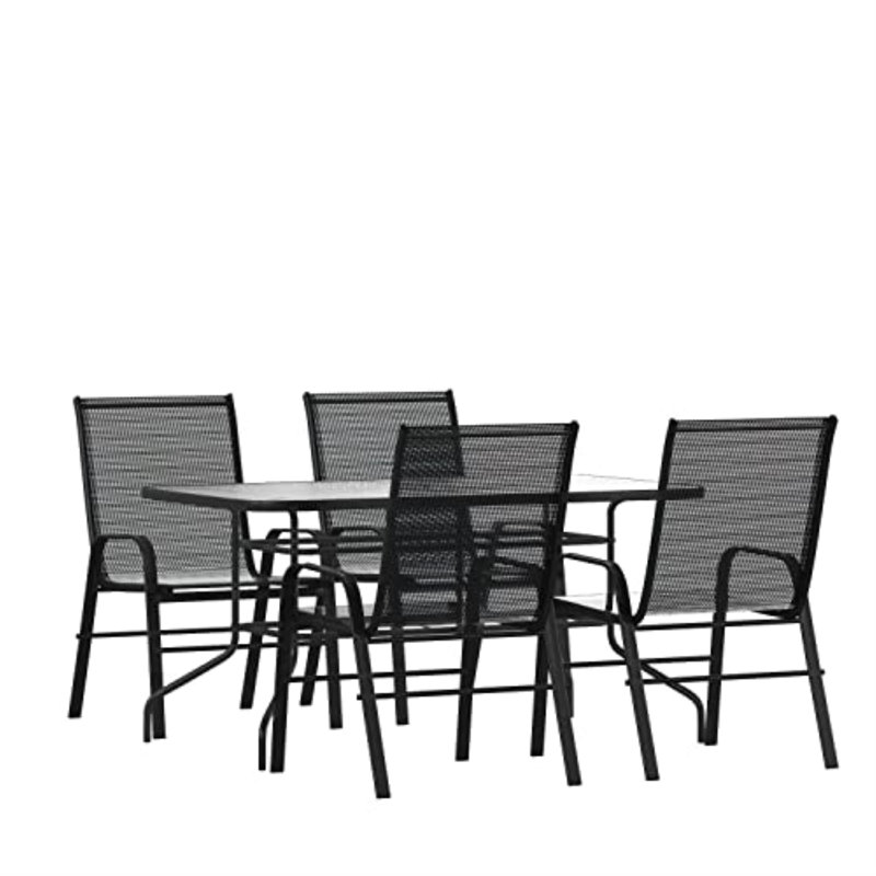 Elgin Patio Dining Set with Glass Table and Flex Stack Chairs, Black, 4