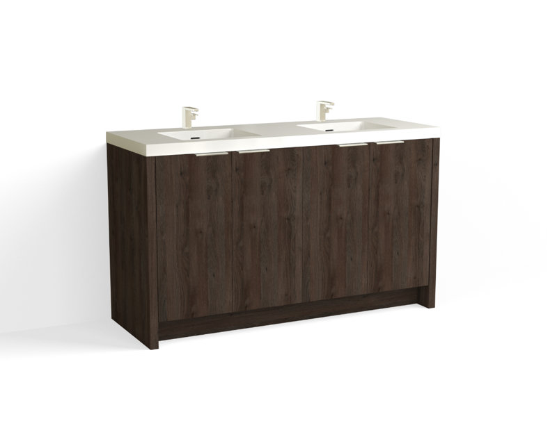Mesa 60" W Freestanding Double Bathroom Vanity , White Gloss, White Nanomatte/Satin Brass, Single-Hole