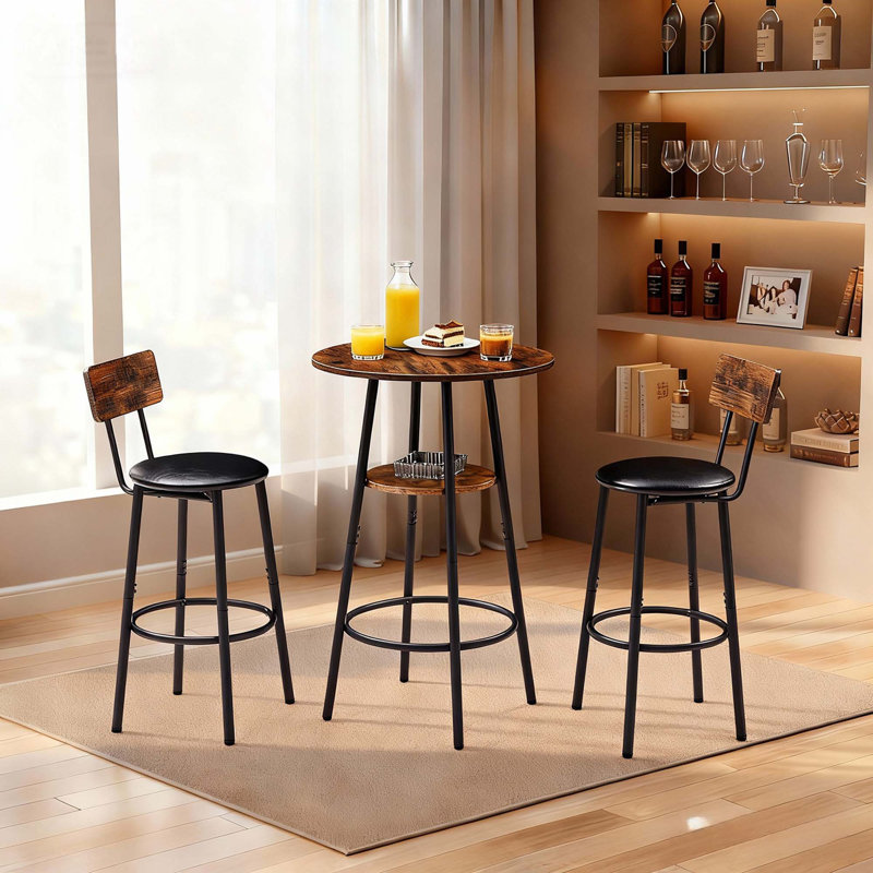 3PCS Round Bar Set, Small Dining Table With 2-Tier Storage & 2 PU Upholstered Bar Stools For Kitchen, Dining Room, Living Room, Bar, Cafe