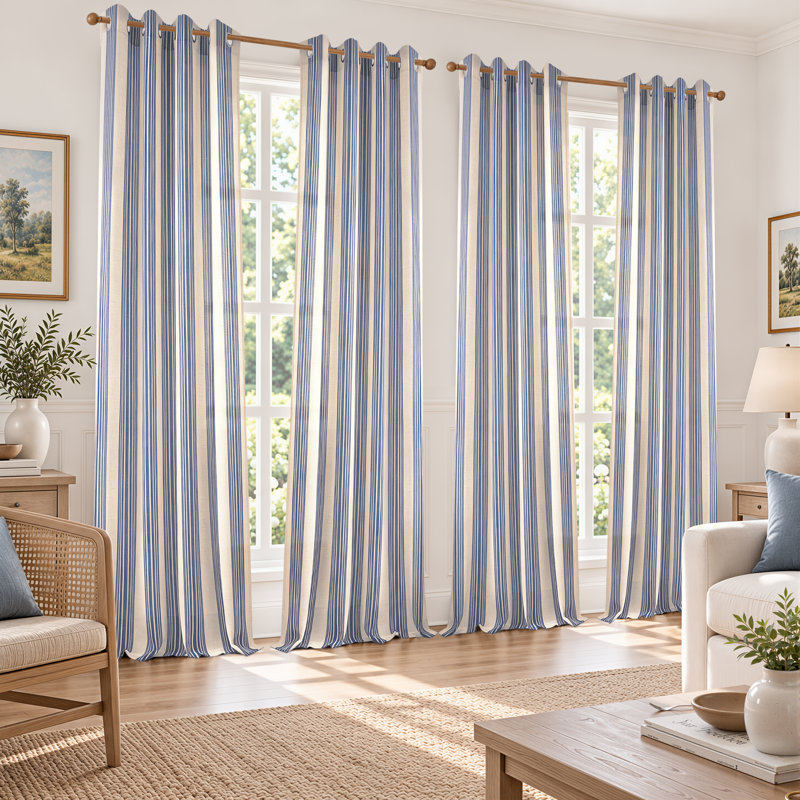 Rideaux semi-transparents en lin avec motif à rayures Chris, Bleu marine jean, L 52 po x L 120 po