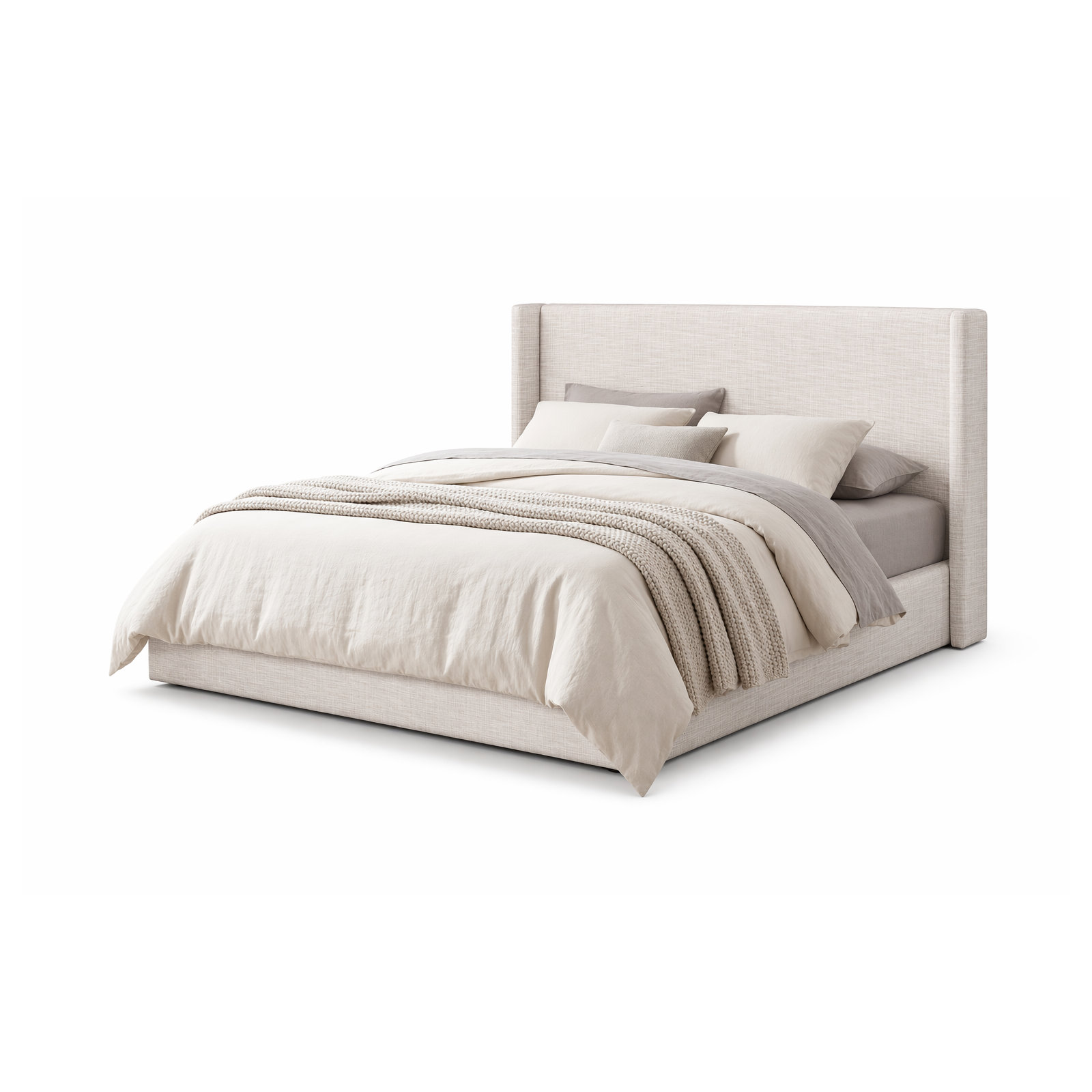 Nordic Upholstered Wingback Bed, White Linen, King