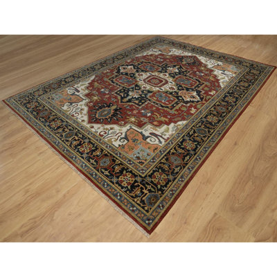 9'x12'2" Maroon Red, Hand Knotted, Antiqued Fine Heriz Revival with Medallion Design, Hand Spun New Zealand Wool, Soft Pile, Vegetable Dyes, Oriental Rug