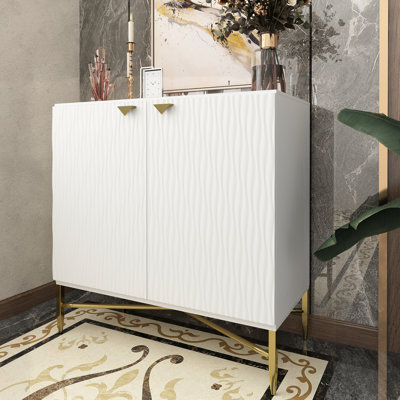 2 Door White Accent Cabinet With Uniquely Designed Handles And Clean Lines. Works Well In Home Offices Hallways. Quick Assembly For Two Adults Raised Water Pattern Triangular Handles. Supported By