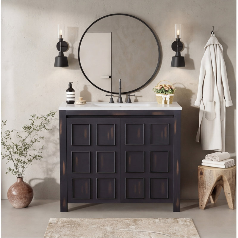 Meuble-lavabo de 91 cm avec lavabo en céramique, fini espresso - Armoire de rangement en bois massif