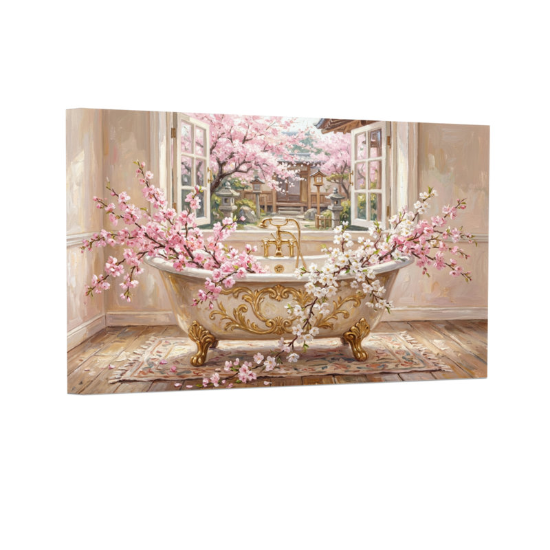 Plantes et fleurs, baignoire, cerisier en fleurs, jardin, fenêtre, vue, H 16 po x l 24 po
