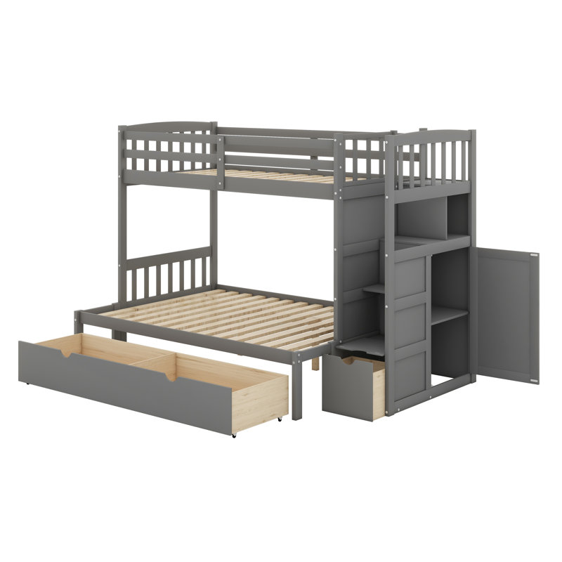 Lit superposé simple au-dessus de simple / double avec escalier, lit inférieur convertible, lit superposé en bois avec tablettes de rangement et tiroirs (nouveau)