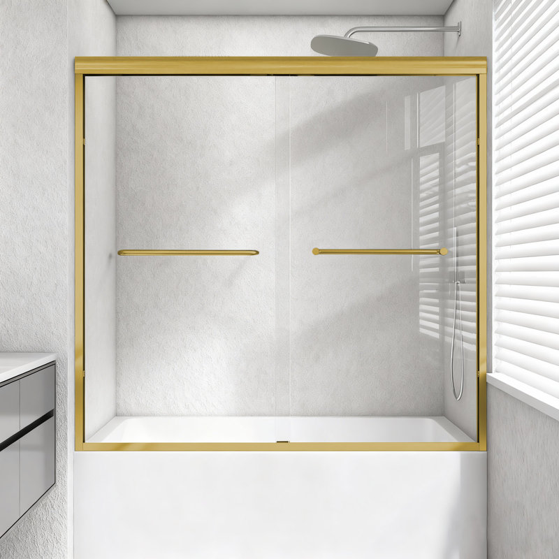 56 à 60 po X P 60 po H Porte de douche coulissante semi-sans cadre en or brossé Verre trempé épais, Or brossé