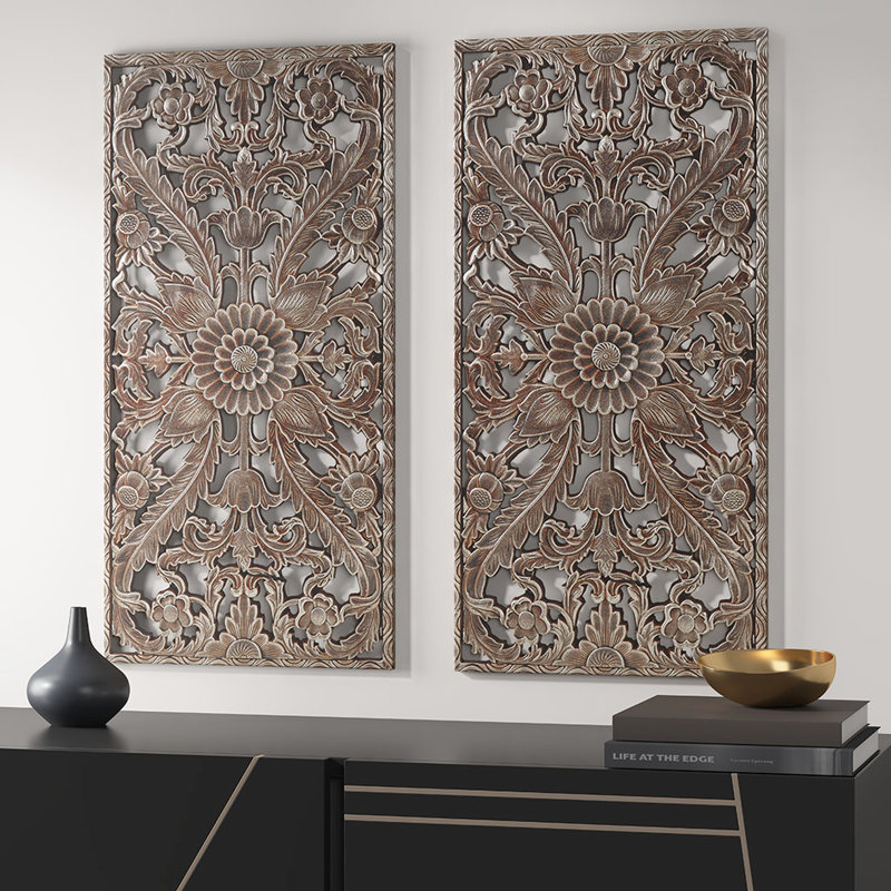 Ensemble de 2 décorations murales en bois vieilli avec fleurs de lotus couleur bronze l 15,75 po x H 31,5 po x P 0,59 po