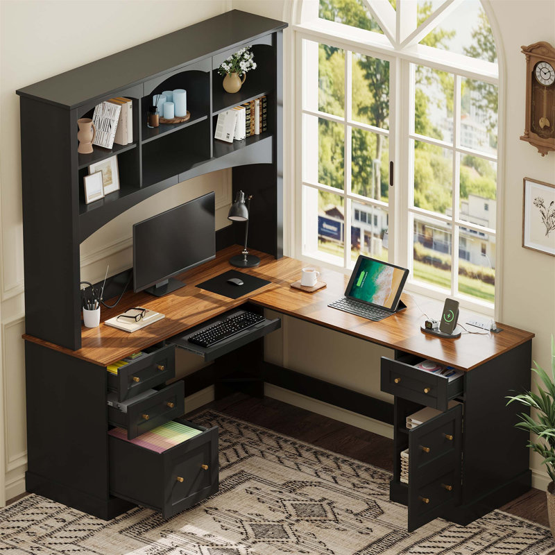 Bureau d'ordinateur en L peu encombrant avec plateau à clavier et stations de recharge, bureau d'angle de ferme avec huche arquée, bureau de bureau tout-en-un avec tiroirs classeurs pour bureau, table de bureau