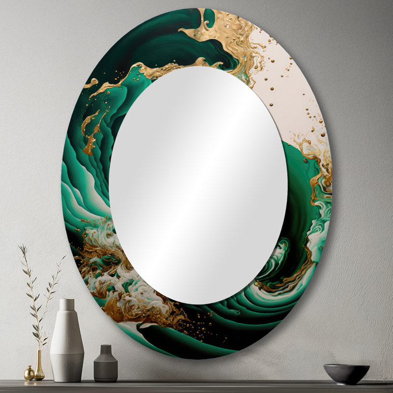Emerald Green And Gold Abstract Waves IV - Modern Oval Wall Mirror, 43" x 33"