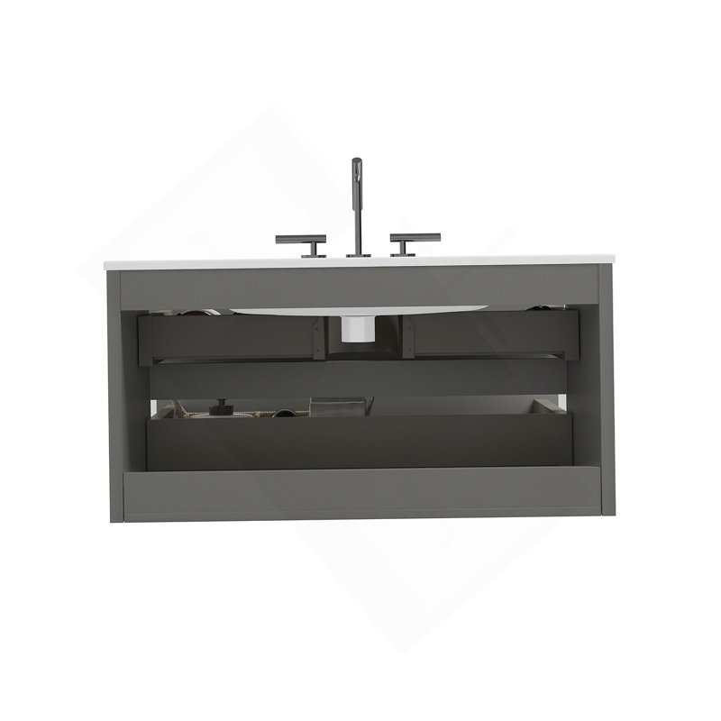 Meuble-lavabo mural avec lavabo en céramique avec trois trous de robinet, grand meuble-lavabo flottant de rangement pour salle de bain moderne, pré-assemblé