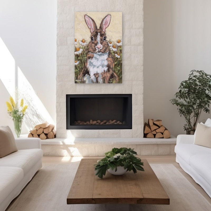 Moustaches et fleurs sauvages - Art contemporain de lapin à la camomille, H 48 po x l 32 po