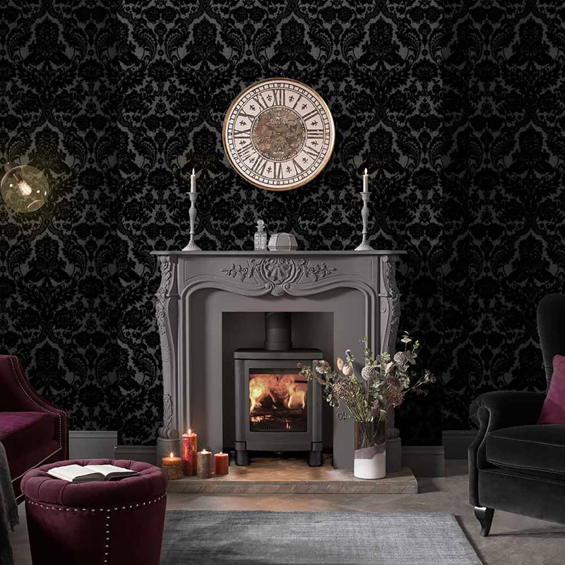 Rheo Damask Metallic Wallpaper Double Roll, Black
