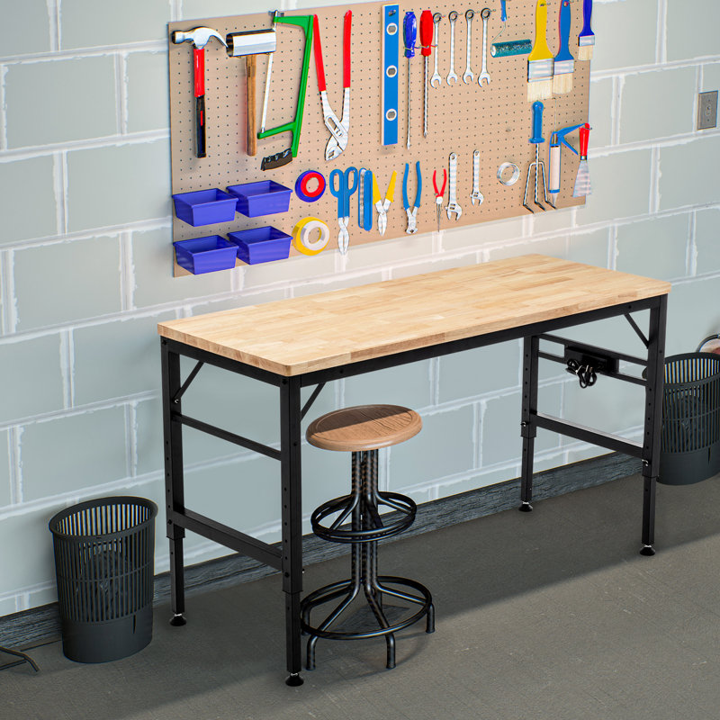 Établi à hauteur réglable, poste de travail robuste en bois d'hévéa avec prises de courant, table de travail en bois franc d'une capacité de charge de 2000 lb pour atelier, garage, bureau, maison