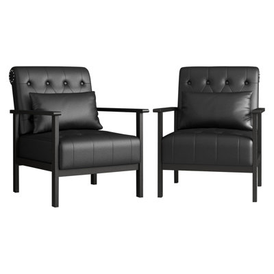 Mid Century Modern Leather Accent Chairs Set Of 2 With Pillow, Button Tufted Armchair With Solid Wood Frame, Comfortable Sofa Chair For Living Room, Office, Waiting Room
