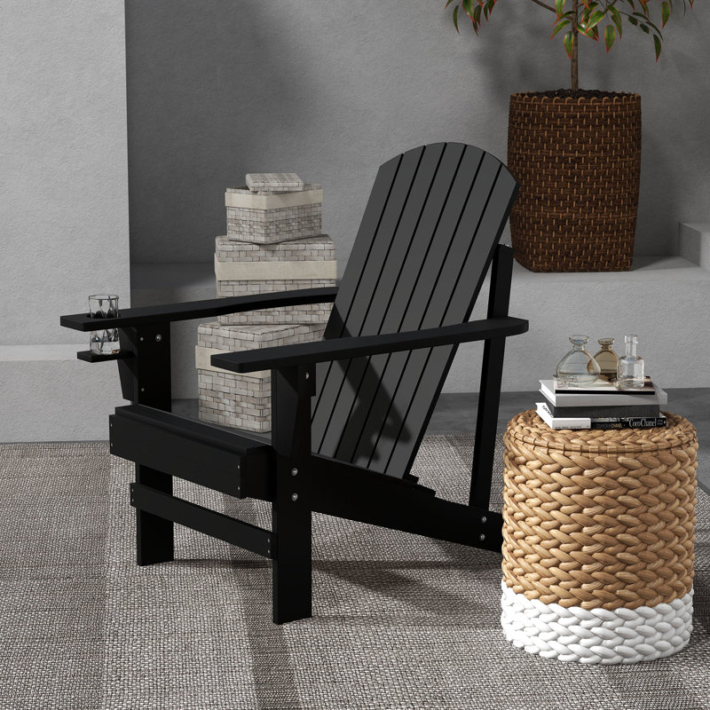 Wooden Chair For Deck, With Cup Holder. Outdoor Furniture, Garden. Black. & Fashionable Holder, Outdoor. Patio, Lawn. Classic Functional Design