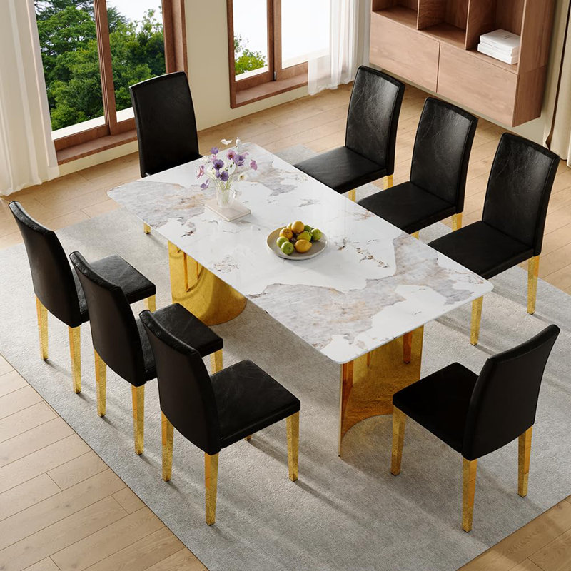71" Rectangular Dining Table Set For 8 Featuring A Faux Marble Tabletop Paired With PU Leather Chairs. This 9-Piece Dining Set Is Suitable For Homes, Restaurants, And Office Spaces.