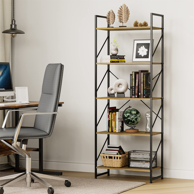 Rebeterano 160cm H x 62cm W Iron Etagere Bookcase, Oak/Black