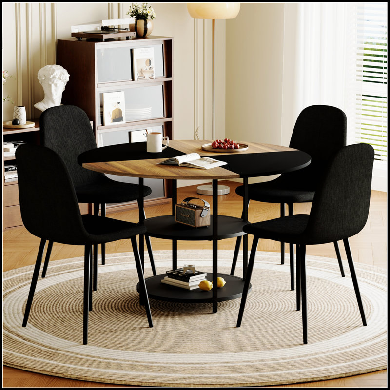 Ensemble de table de salle à manger circulaire moderne avec rangement double couche et quatre chaises rembourrées confortables pour la maison