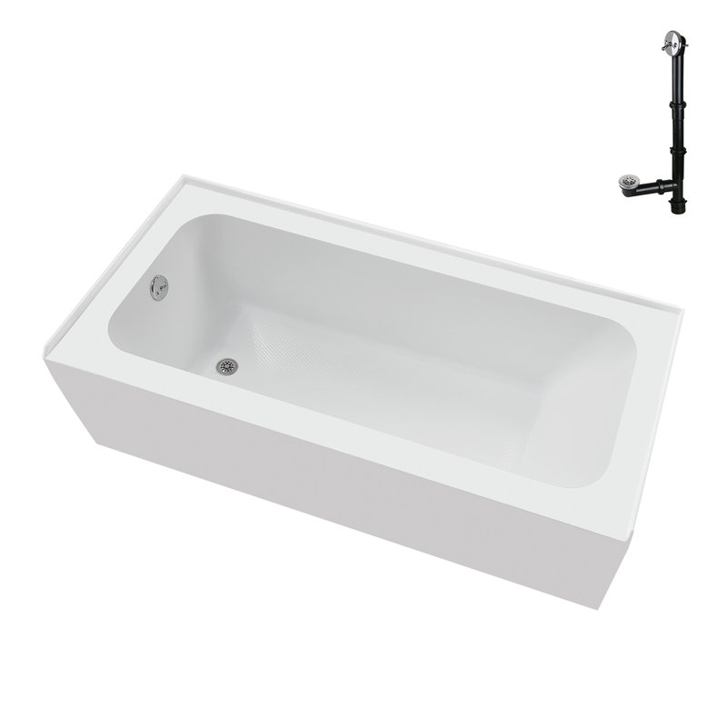 Baignoire en alcôve en acrylique blanc brillant avec drain externe 60 po x 30 po Streamline, Chrome poli