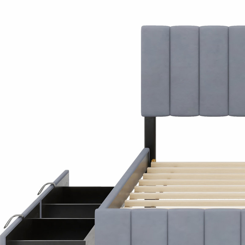 Lit plateforme tapissier robuste, équipé de 2 tiroirs et d'un lit gigogne, Gris