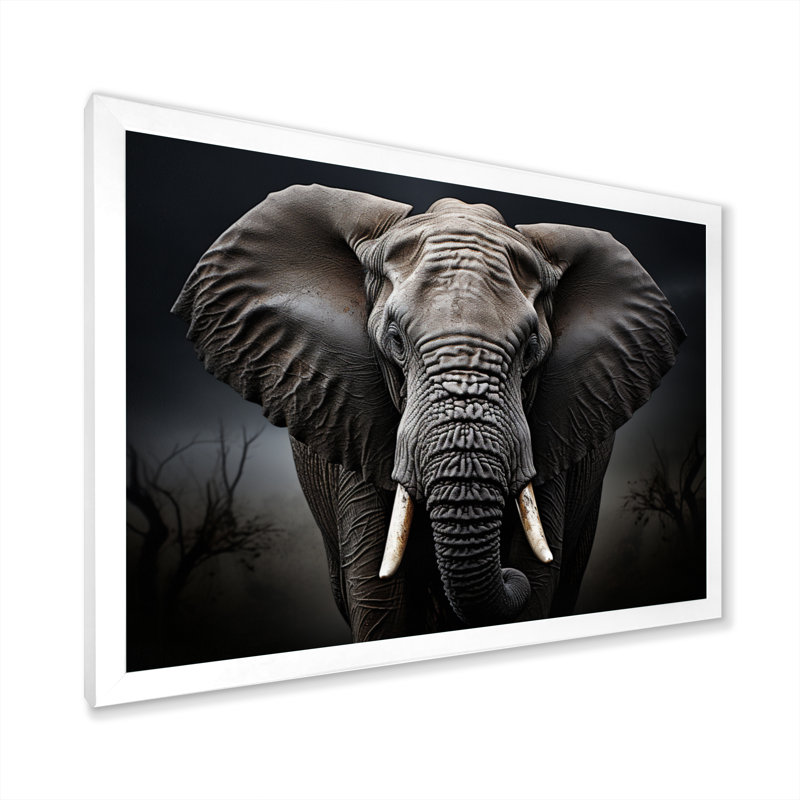 Éléphant silencieux majestueux III - Éléphant, art mural, Cadre simple blanc, H 34 po x l 44 po x P 1,5 po