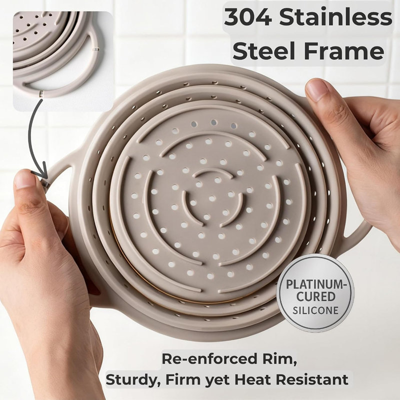 3 Pack Collapsible Platinum Silicone Colander Set with Stainless Steel Rim, Heat Resistant & Dishwasher Safe