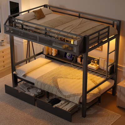 Twin XL over Twin XL Bunk Bed with Storage Shelves and Drawers,Multifunctional Metal Bunk Beds with USB Ports and LED Lights, Lower Bed that can be co by August Grove