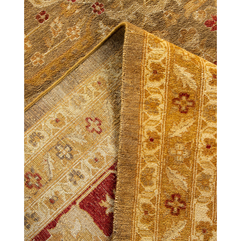 Tapis jaune / olive / marron noué à la main Vassiliya Eclectic 9 pi 1 po x 11 pi 10 po