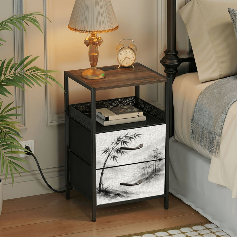 Table de chevet 2 tiroirs avec station de charge, table de chevet de chambre à coucher avec ports USB et prises de courant à tablette ouverte noire, table de chevet avec impression élégante de forêt de bambou noir et blanc