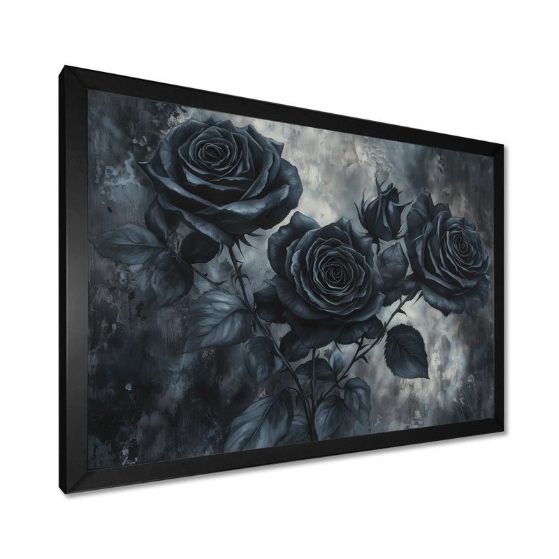 Midnight Roses Elegance I - Art mural floral grand, H 30 po x l 40 po, Cadre simple, Noir, noir, noir, noir