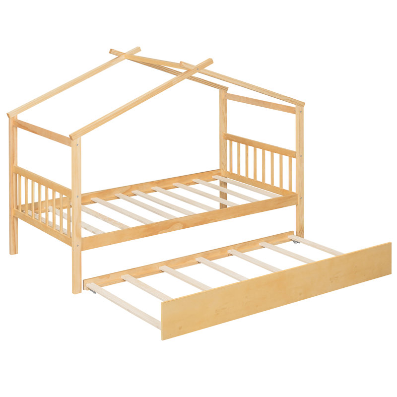 Natural Twin Wooden House Bed With Trundle, Solid Pine Structure, Classic - Shaped, Two Headboards For Back Support, Ideal Sleepover Friends, 80.5'' Product Length Legs And Frame, Style Bed,