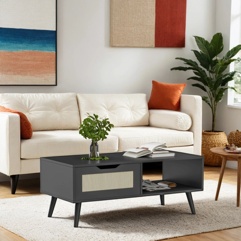 39" Rattan Coffee Table,Boho Coffee Table with Drawer & Shelf, Black
