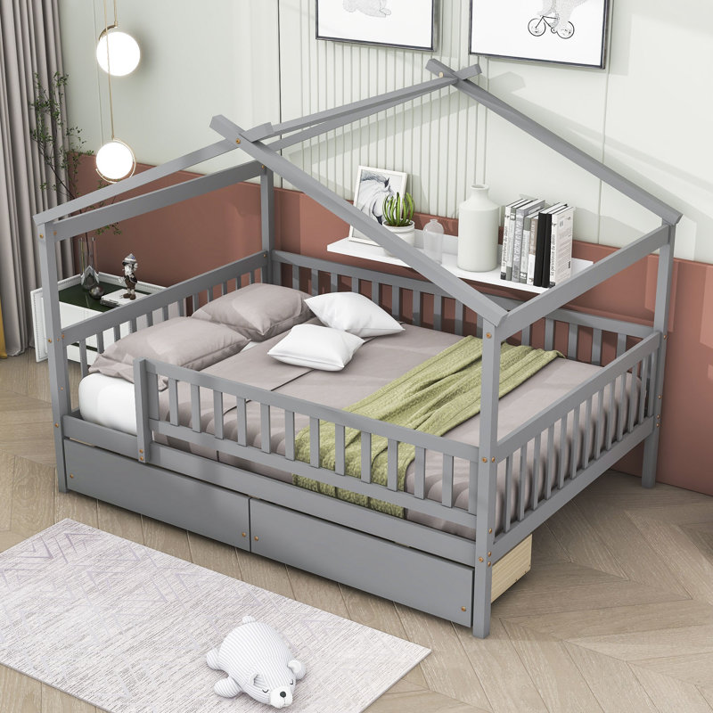 Lit maison en bois à deux tiroirs Heulwen, Double, Gris