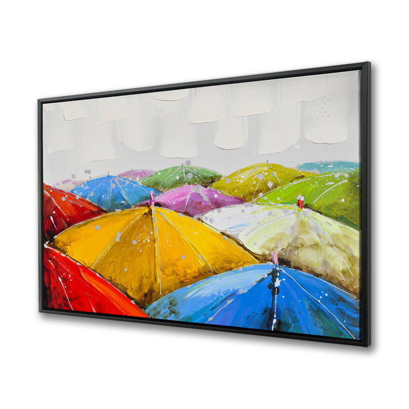 Parasols colorés sous la pluie - Art sur toile encadré pour la maison