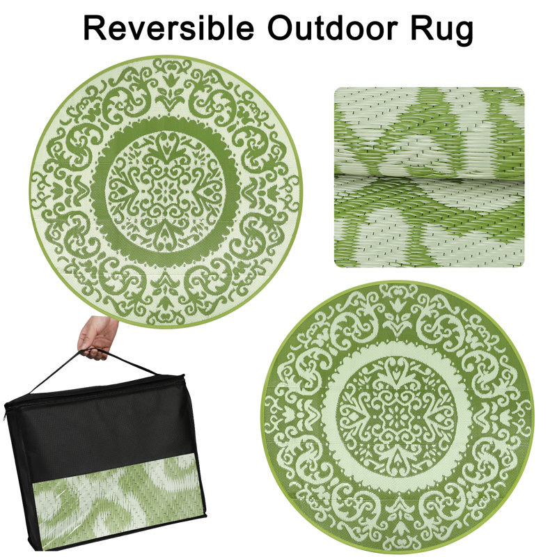 6Ft Round Outdoor Rug Reversible Plastic Straw Rug Lightweight Portable Patio Circle Rugs for RV Camping Deck Backyard and Picnic Grass Green