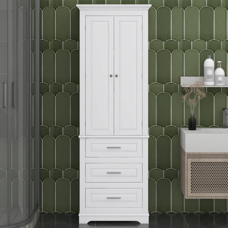 Tall Storage Cabinet With 3 Drawers, Adjustable Shelves & 2 Doors, Floor Freestanding Linen Cabinet For Bathroom, Living Room
