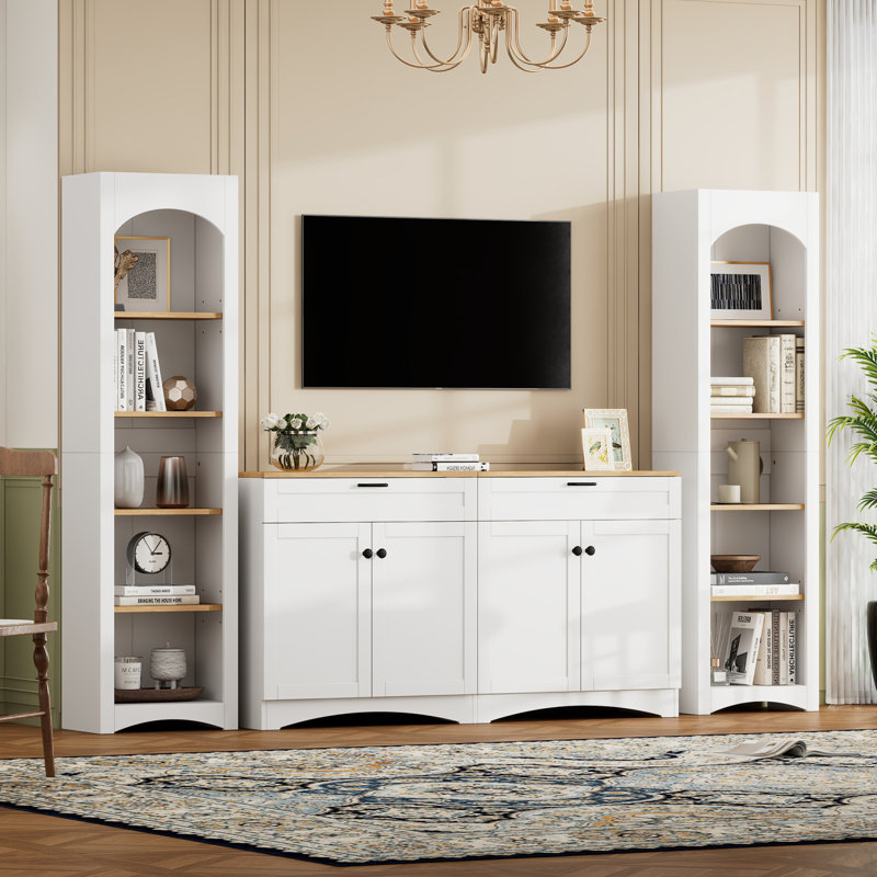 Storage Cabinet,Tv Stand With Bookshelf, Rustic Versatile Sideboard With Adjustable Shelves For Living Room, White