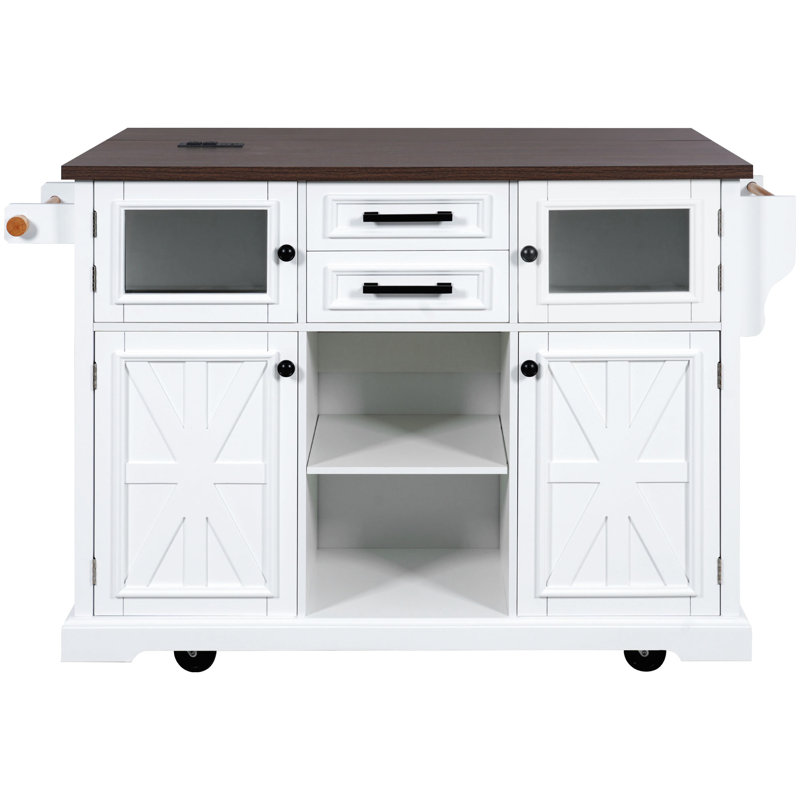 Îlot de cuisine blanc de 54,9 po avec porte en verre transparent, 4 rangements internes, tablettes réglables et roulettes dissimulées pour portes de grange de salle à manger, station de recharge intégrée, espace de travail à abattants